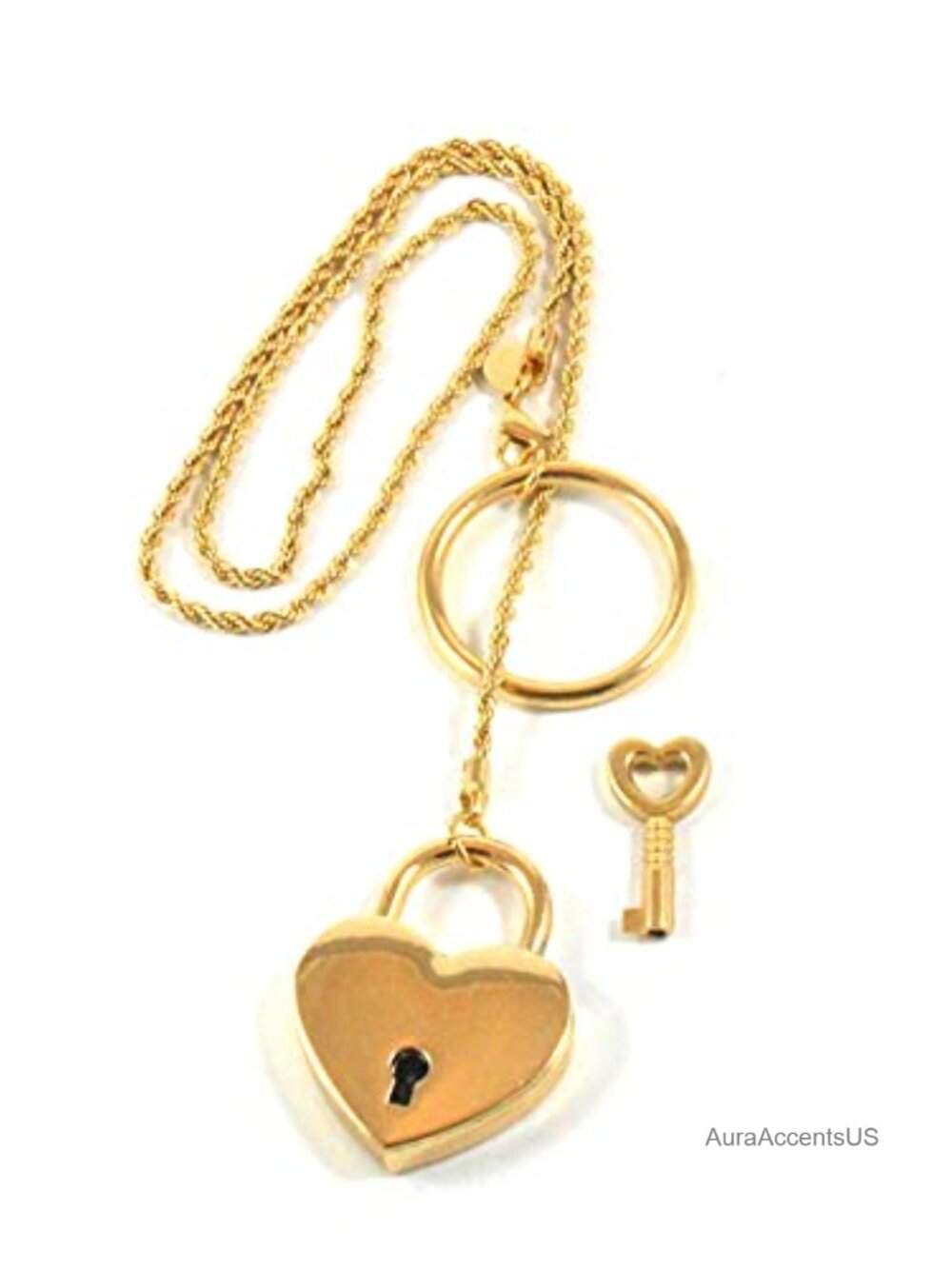 14K Gold Plated Twist Chain Day Collar Necklace Heart Padlock Key O-Ring